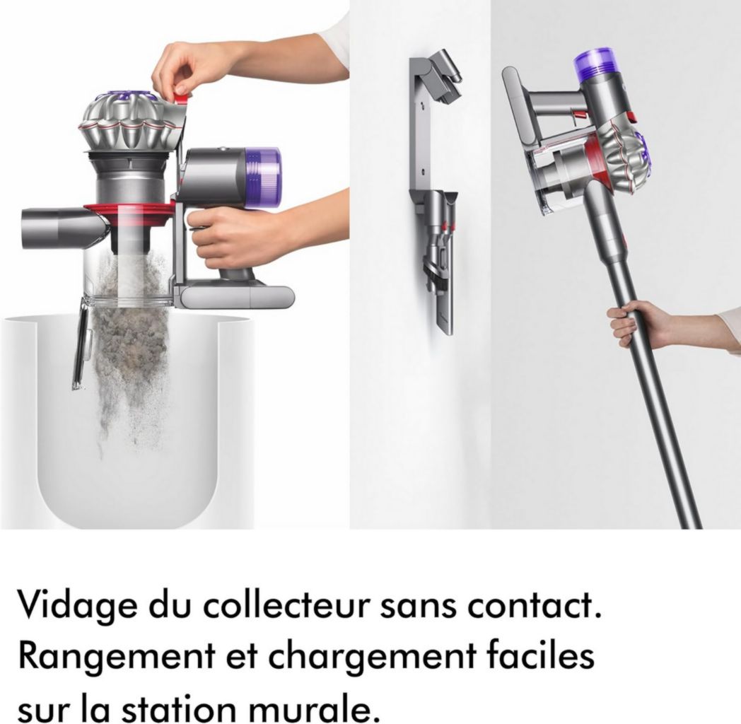 Aspirateur-balai sans fil Dyson V8 Advanced™ – 130 AW, autonomie de 40 min, brosse motorisée auto-démêlante, accessoires combinés, station d'accueil murale, argent/nickel