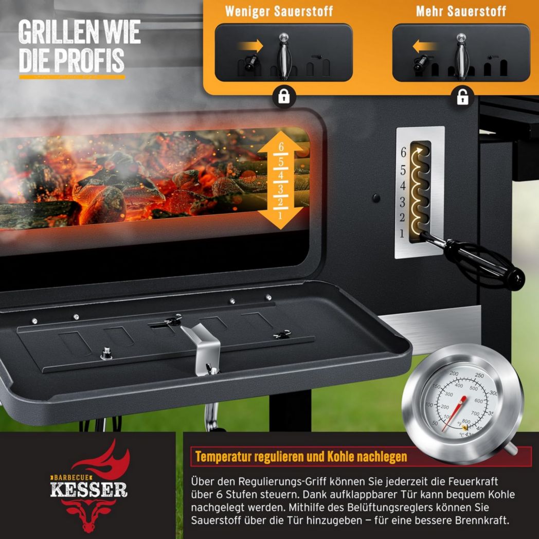 Chariot barbecue KESSER® | Barbecue à charbon XL avec couvercle, roulettes, poignée en acier inoxydable, grille et thermomètre | Grand barbecue à charbon
