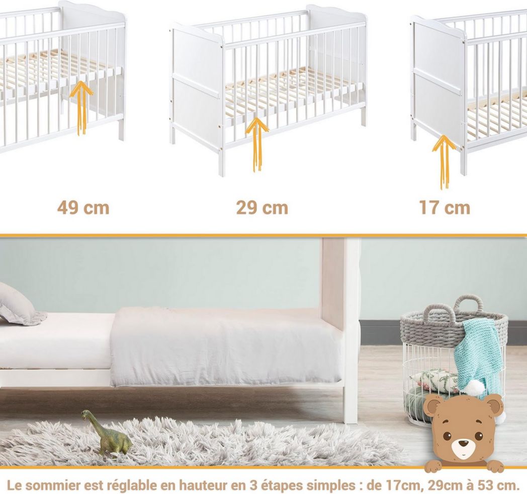 Lit bébé moto-MOLTICO 60x120 cm avec tiroir – Lit en bois réglable en hauteur, transformable en lit enfant avec barrières de sécurité – Lit bébé pour filles et garçons