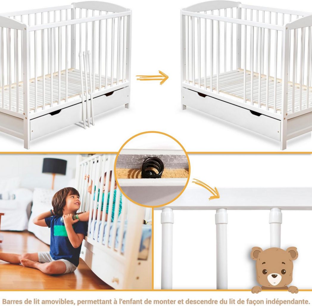 Lit bébé moto-MOLTICO 60x120 cm avec tiroir – Lit en bois réglable en hauteur, transformable en lit enfant avec barrières de sécurité – Lit bébé pour filles et garçons