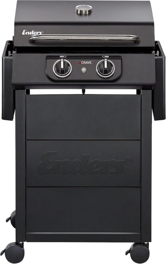 Barbecue électrique Enders® eCRAVE 2, avec grille en fonte, chariot de barbecue avec beaucoup d'espace de rangement, système de nettoyage Simple Clean™, 2 éléments chauffants puissants, hotte aspirante