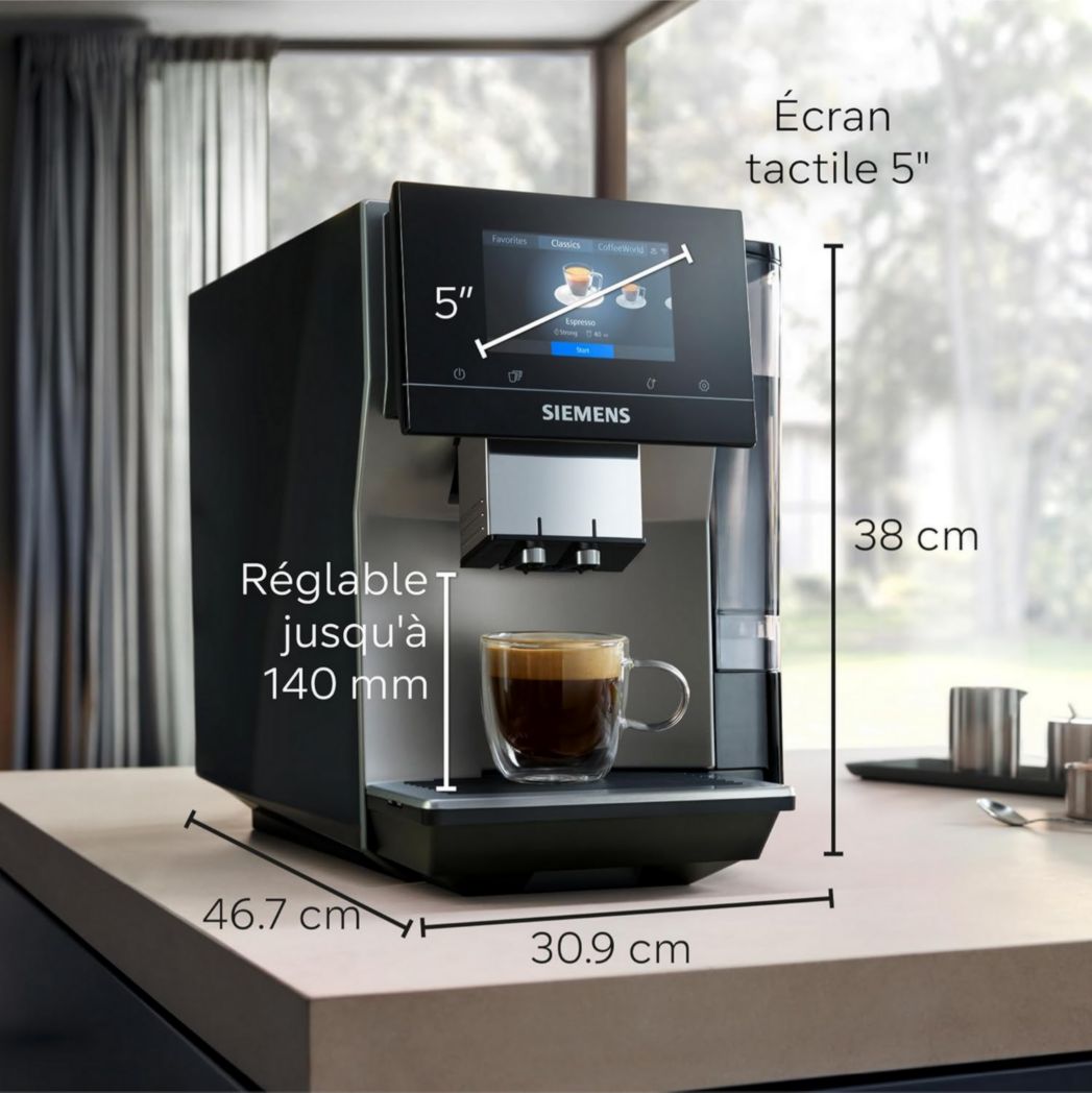 SIEMENS, machine à café à grains entièrement automatique, EQ700, écran iSelect, coffeeWorld, avec Cold Brew et Slow Brew, cappuccinatore, Home Connect, gris anthracite, TP715R01 classic
