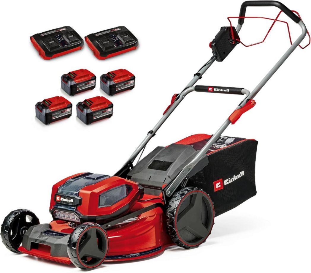 Tondeuse à gazon professionnelle sans fil Einhell GP-CM 36/47 S HW Li Power X-Change (36 V, largeur de coupe 47 cm, autotractée, moteur sans balais) Livrée avec 4 batteries 4,0 Ah et 2 chargeurs doubles