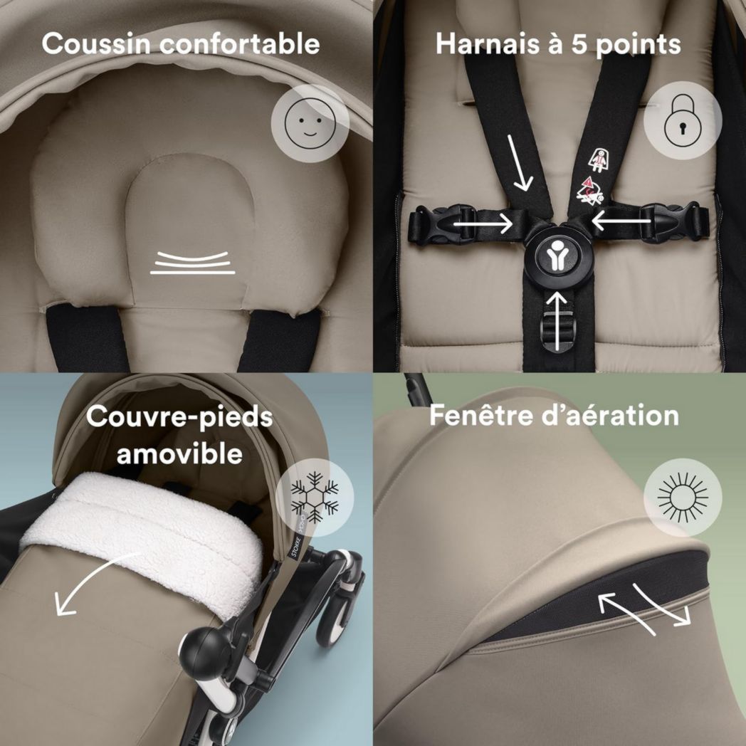 Poussette Stokke YOYO3 avec pack nouveau-né et pack couleur 6+ - Comprend un cadre noir, un pack couleur YOYO 6+ (gingembre) et un pack nouveau-né 0+ (gingembre)