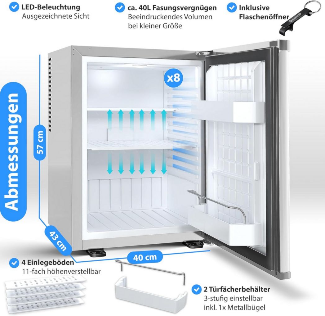 Mini-réfrigérateur KESSER® avec serrure, mini-bar 40 l, silencieux, 22 dB, verrouillable, chambre, butée de porte amovible, environ 4 à 16 °C, hauteur 57 cm, éclairage intérieur
