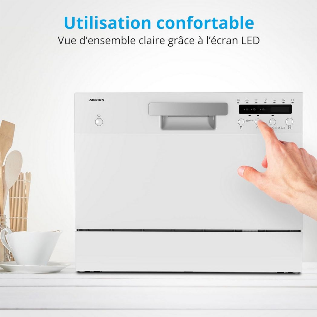 Lave-vaisselle de table MEDION (capacité 6 couverts, 7 programmes de nettoyage, affichage LED, 47 dB, MD37496) blanc