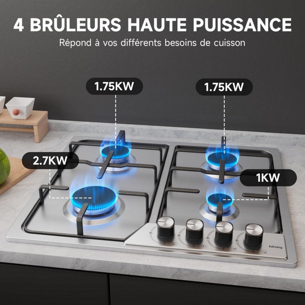 Plaque de cuisson à gaz 4 feux, plaque de cuisson 60 cm - Cuisinière encastrable - Gaz de ville et gaz en bouteille (4 feux - Verre)