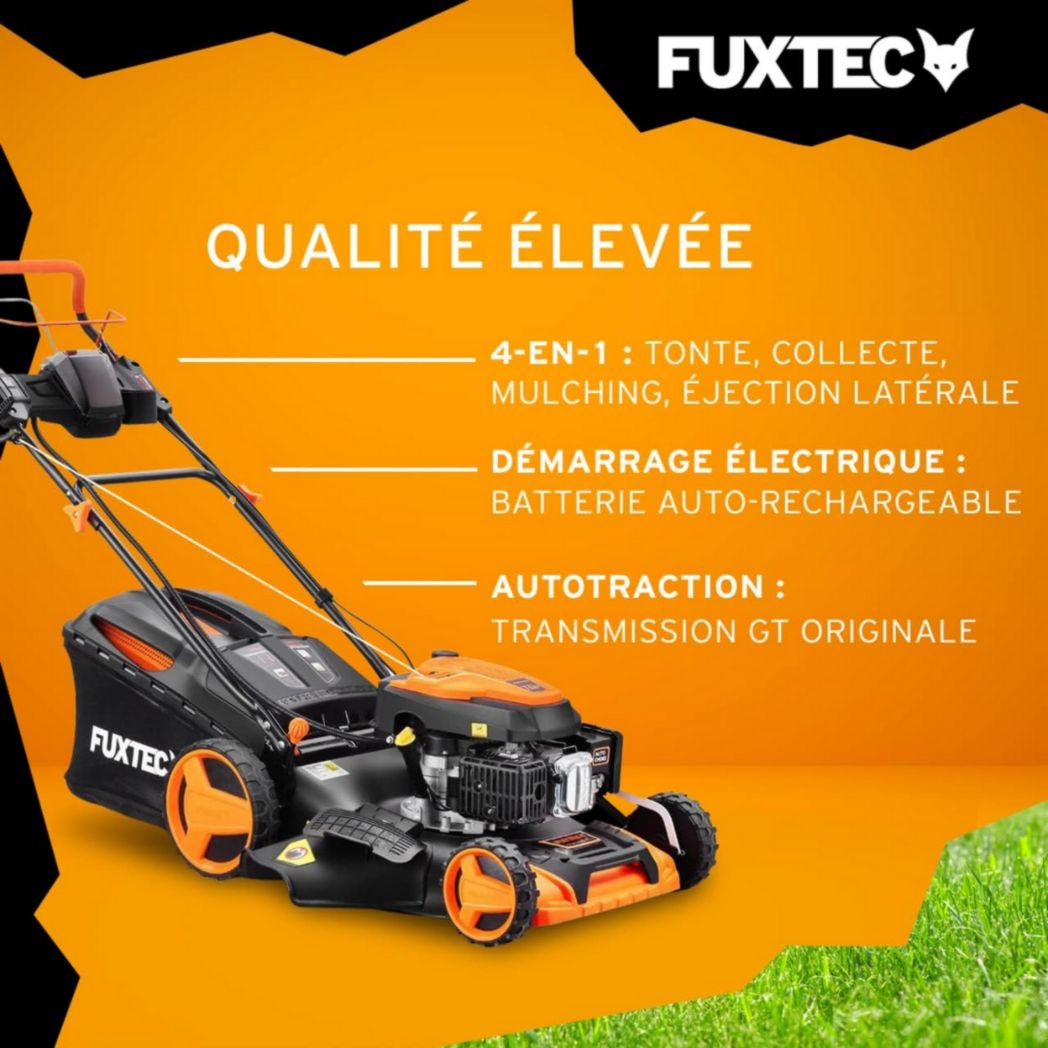 Tondeuse thermique autotractée FUXTEC FX-RM5170eS, démarrage électrique, 4 po 1, 170 cm³, 4 CV | 4 temps | Largeur 51 cm, hauteur de coupe 7 positions, bac de ramassage 60 L, fonction mulching, éjection latérale