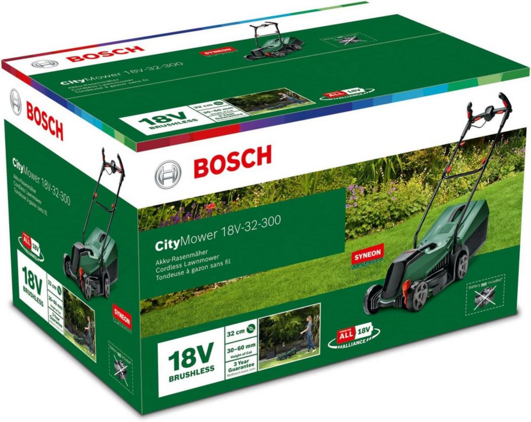 Tondeuse à gazon sans fil Bosch CityMower 18V-32-300 (18 V, 1 batterie 4,0 Ah, moteur sans balais, largeur de coupe : 32 cm, tond jusqu'à 300 m², dans un carton)