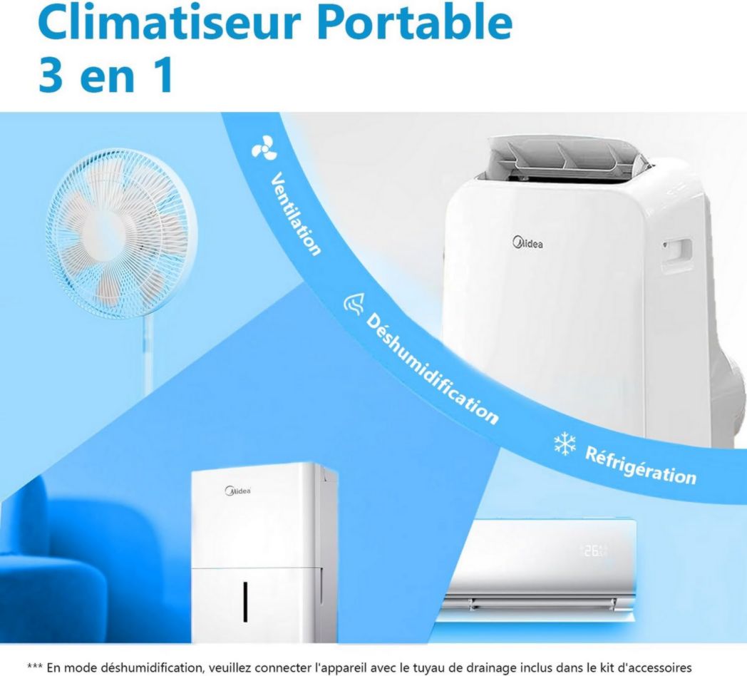 Climatiseur portable 4-en-1 silencieux MIDEA PortaSplit | 12 000 BTU | 3,5 kW, chauffage et climatiseur portables prêts à installer - Climatiseur portable avec refroidisseur, déshumidificateur, chauffage et ventilateur