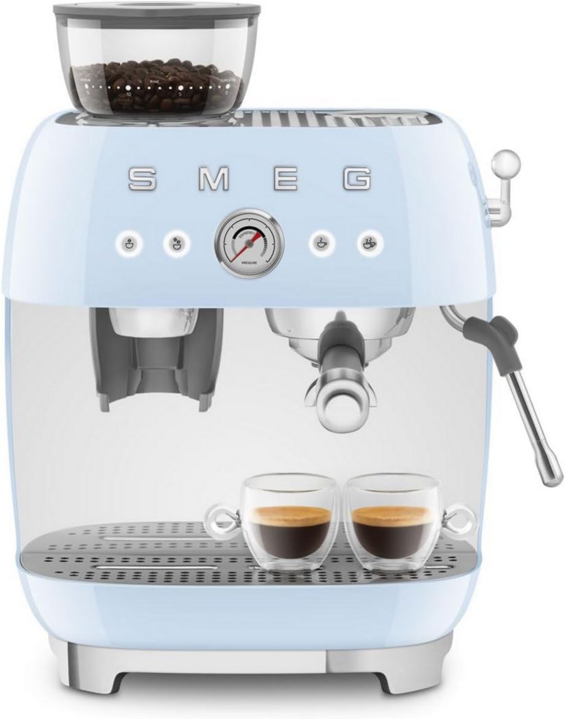 Machine à expresso manuelle Smeg EGF03CREU, avec moulin à grains intégré, thermoblock, 4 niveaux de température, buse vapeur et manomètre, réservoir 1 L, dimensions compactes, 1350 W, couleur crème