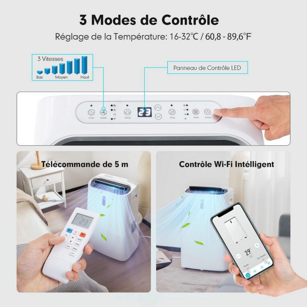 Climatiseur portable GOPLUS 16 000 BTU 4,7 kW 5 en 1 Fonctions : refroidissement, chauffage, déshumidification, ventilation, mode nuit, minuterie 24 h, télécommande/écran, 45-50 m², R290
