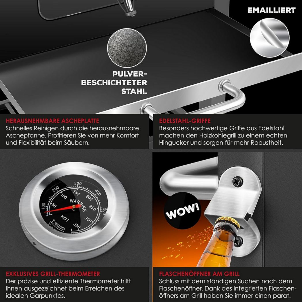 Chariot barbecue KESSER® | Barbecue à charbon XL avec couvercle, roulettes, poignée en acier inoxydable, grille et thermomètre | Grand barbecue à charbon