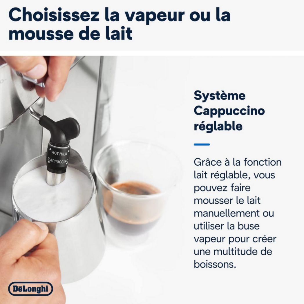 De'Longhi Dedica Style EC685.M, Machine à expresso avec buse à mousse de lait professionnelle, seulement 15 cm de large, réservoir de 1 L, boîtier en métal, compatible avec les dosettes ESE, métal