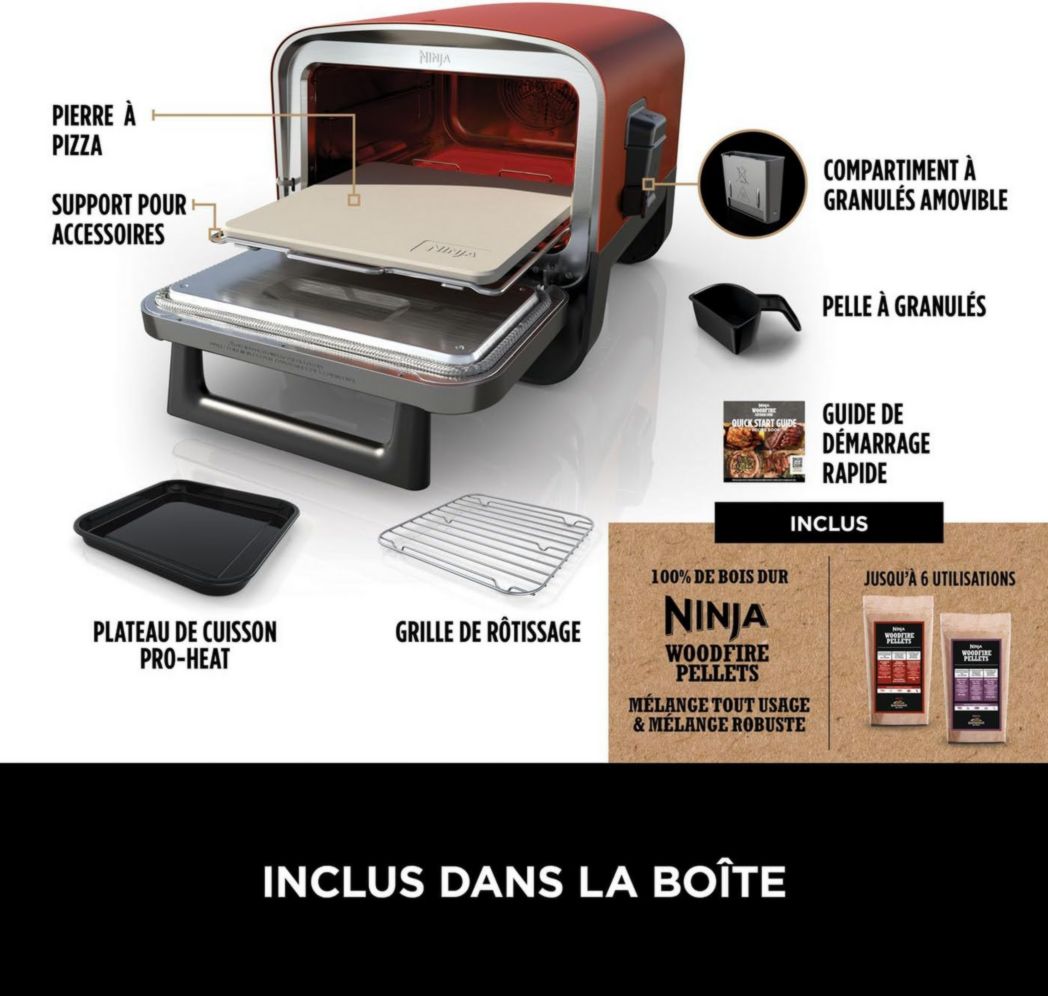 Four à pizza électrique d'extérieur Ninja Woodfire 8 en 1, rôtissoire et fumoir barbecue avec grille, plaque Pro-Heat, pierre à pizza, granulés de bois et pelle, 6 réglages, orange foncé OO101EU