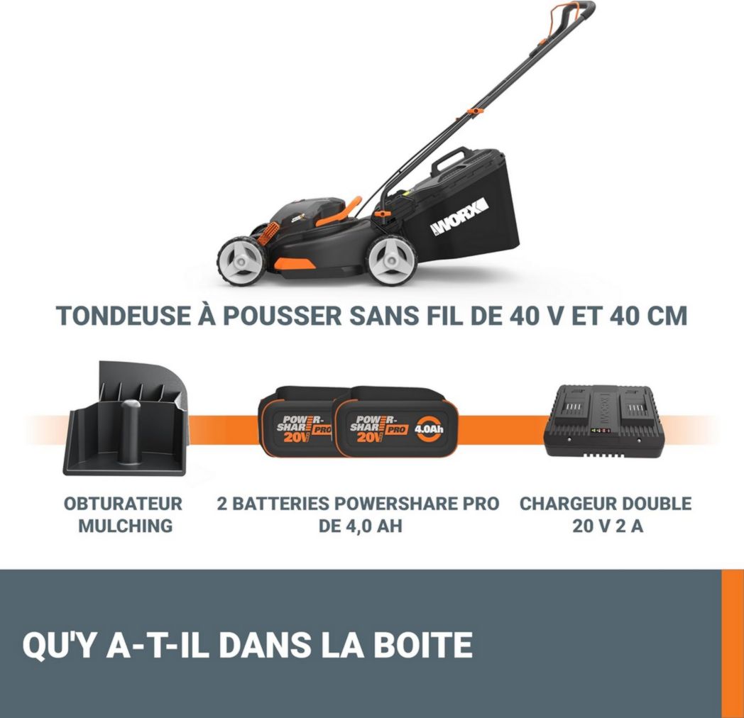 Tondeuse à gazon sans fil WORX 40 V (2 x 20 V) Max 40 cm WG734E Idéale pour un jardin jusqu'à 500 m², Powershare, 4 Ah, technologie IntelliCut Hauteur de coupe 20-80 mm