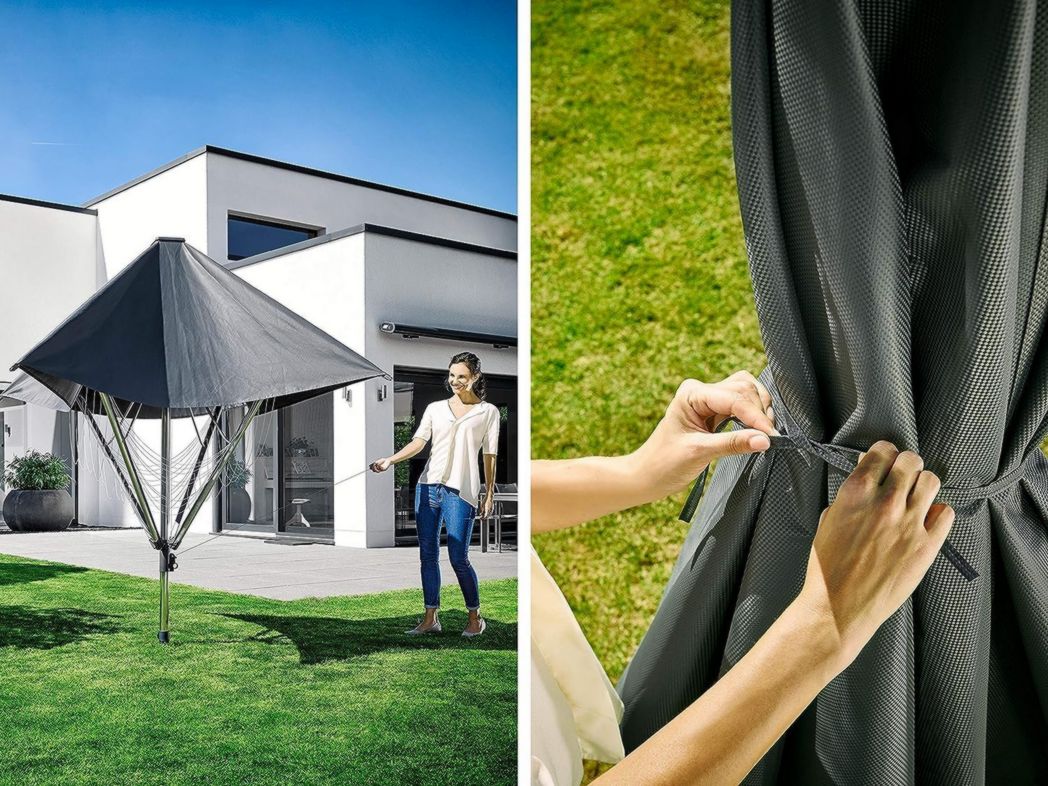 Séchoir parapluie Leifheit LinoProtect 400, séchoir parapluie d'extérieur avec toit étanche, séchoir à linge inclus 8 œillets pour cintres et prise de sol