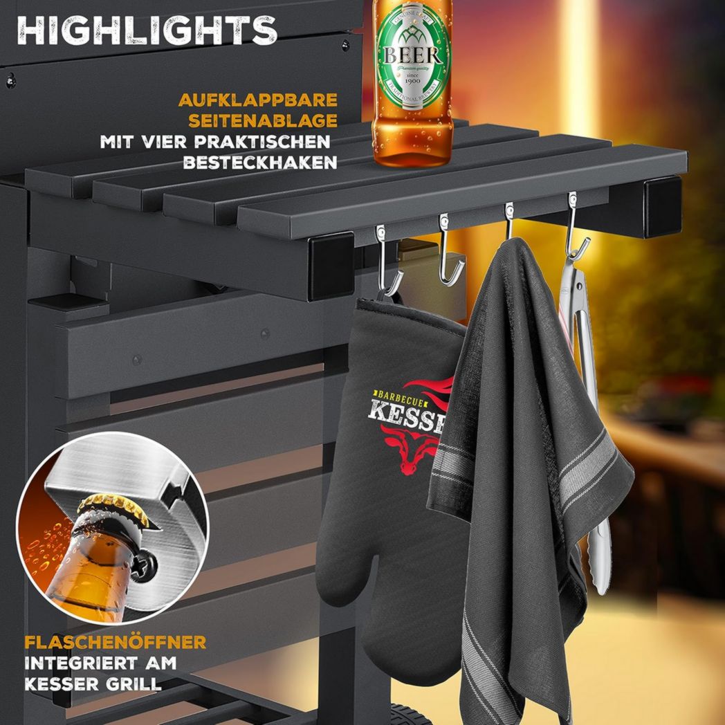 Chariot barbecue KESSER® | Barbecue à charbon XL avec couvercle, roulettes, poignée en acier inoxydable, grille et thermomètre | Grand barbecue à charbon