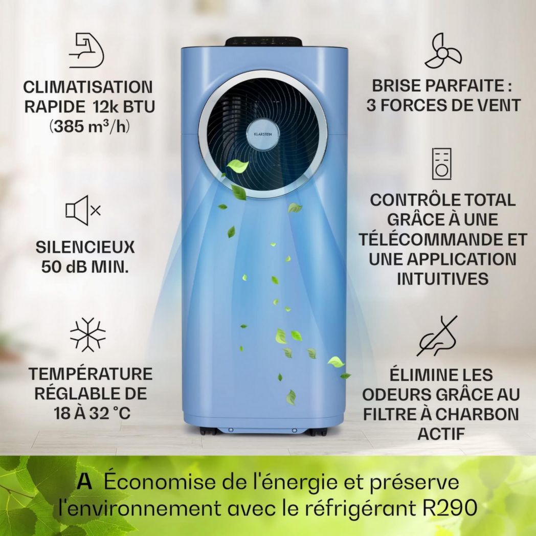 Climatiseur portable silencieux Klarstein, climatiseur portable 5 en 1, mini climatiseur, purificateur et éliminateur d'odeurs, mode nuit, déshumidificateur d'air, faible consommation, 10 000 BTU, climatiseurs