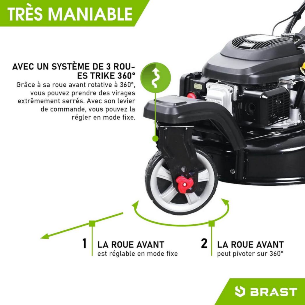Tondeuse thermique 3 roues BRAST TRIKE E-START 224cc 53cm autotractée démarrage électrique mulching 4en1 capot tôle acier 60l - moteur 4 temps de la marque française GT réglable