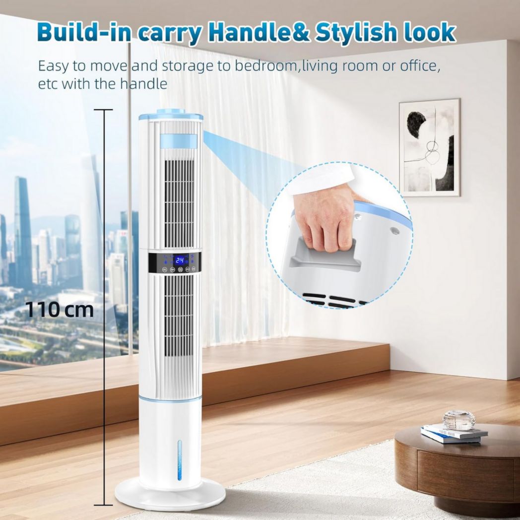 Climatiseur portable silencieux avec humidificateur, ventilateur, 2 sorties d'air, oscillation à 360°, 65 W, minuterie 24 h, 3 vitesses, 4 modes, télécommande pour chambre ou bureau