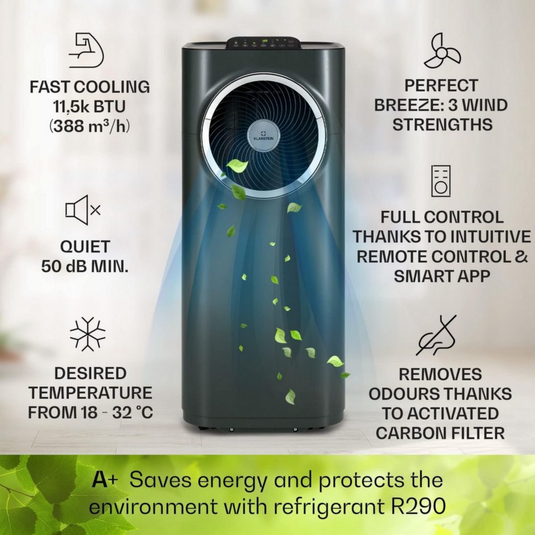 Climatiseur portable silencieux Klarstein, climatiseur portable 5 en 1, mini climatiseur, purificateur et éliminateur d'odeurs, mode nuit, déshumidificateur d'air, faible consommation, 10 000 BTU, climatiseurs
