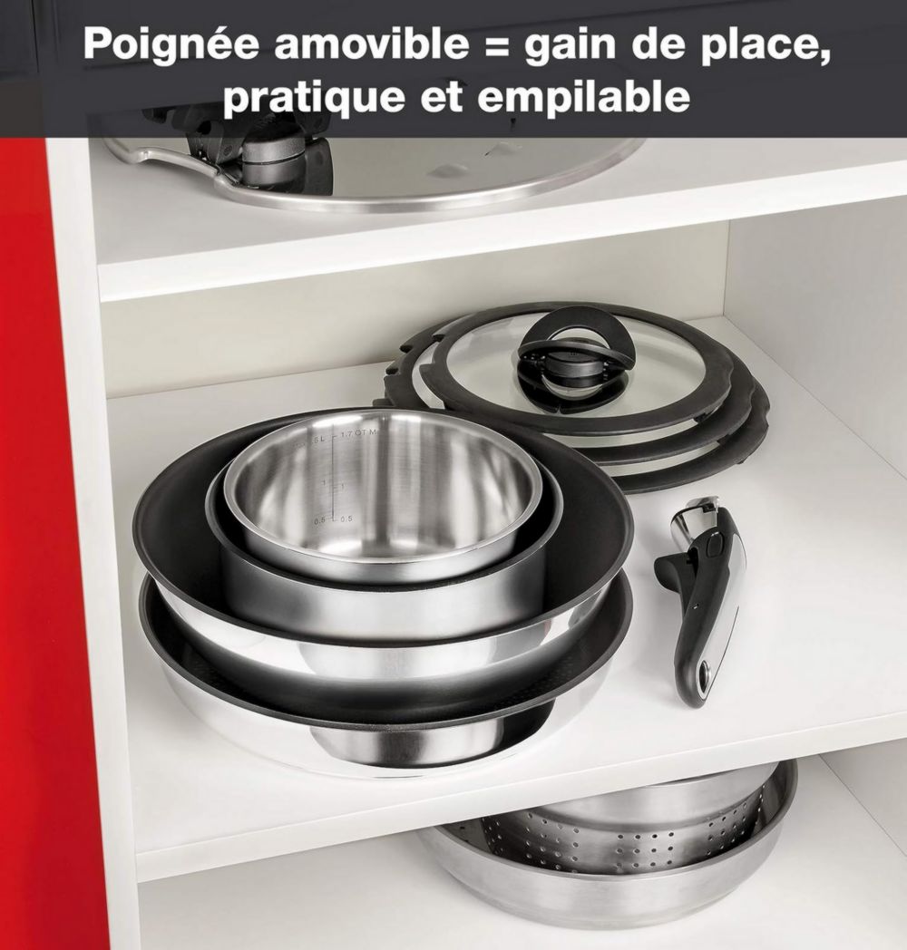 Batterie de cuisine Seb Compact Inox 10 pièces, Induction, poêles 22/24/26 cm, casseroles 16/18/20 cm, sauteuse 24 cm, couvercles 18/20 cm, 1 poignée L953SA04, Noir, argent, ‎35,4 x 35,29 x 26,8 cm