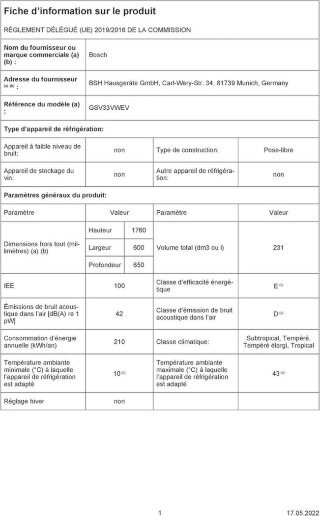 Congélateur vertical autonome Bosch GSN33VWEP Série 4, 225 L, 4 tiroirs de congélation, 176 x 60 cm, blanc