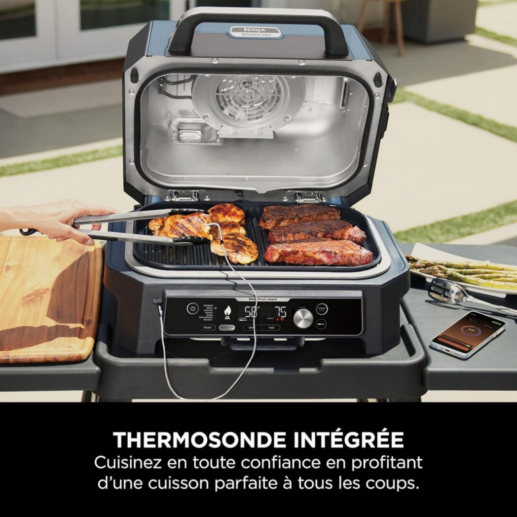 Barbecue et fumoir électrique Ninja Woodfire Pro XL avec thermomètre, barbecue d'extérieur 4 en 1 et friteuse à air avec système de cuisson intelligent et granulés de bois, portable, gris/noir, OG850EU