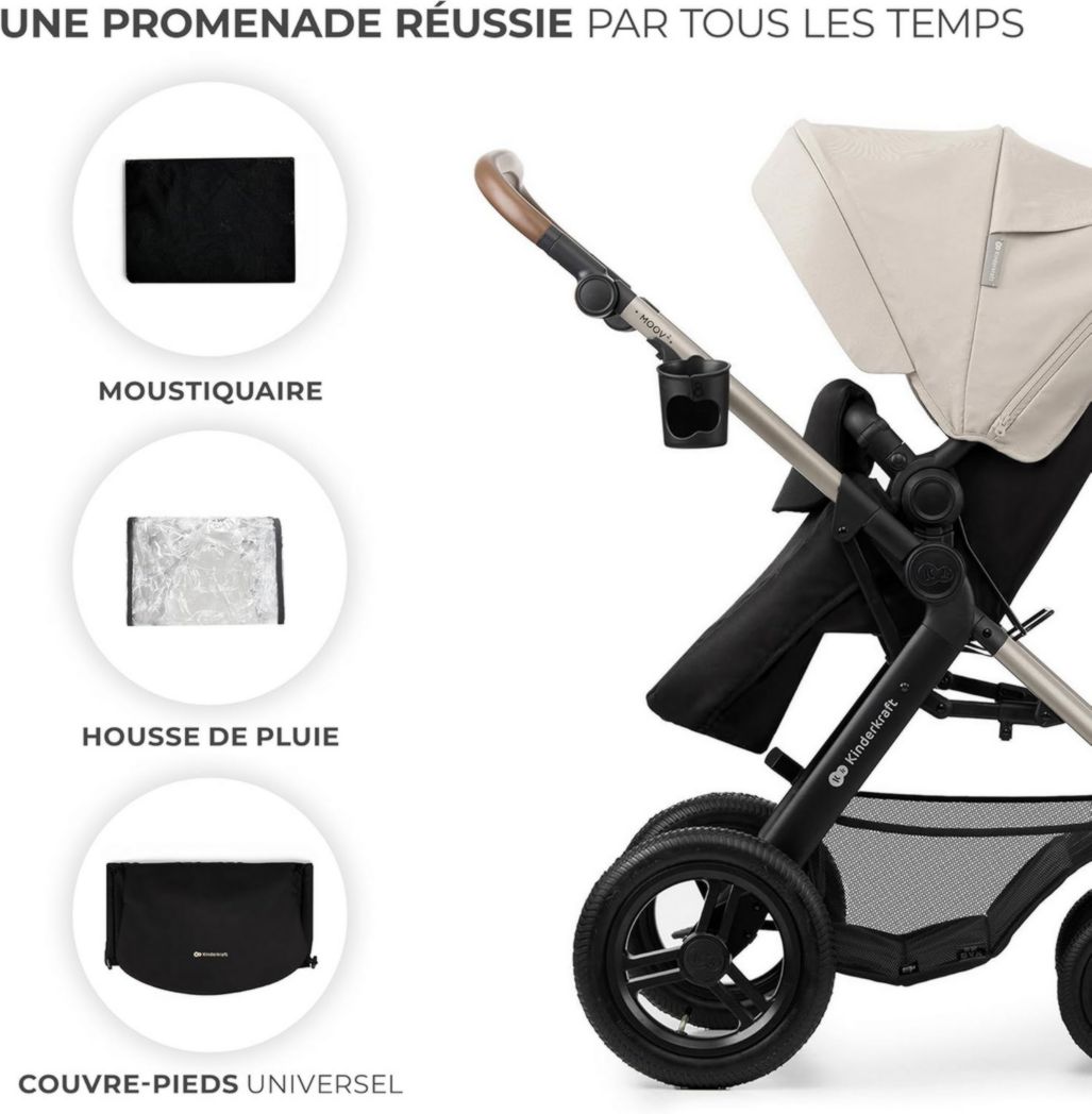 Poussette 3-en-1 Kinderkraft MOOV2, système de voyage de la naissance à 27 kg, siège auto Mink PRO I-Size inclus, pare-soleil extensible avec filtre UPF50+, accessoires pratiques, gris
