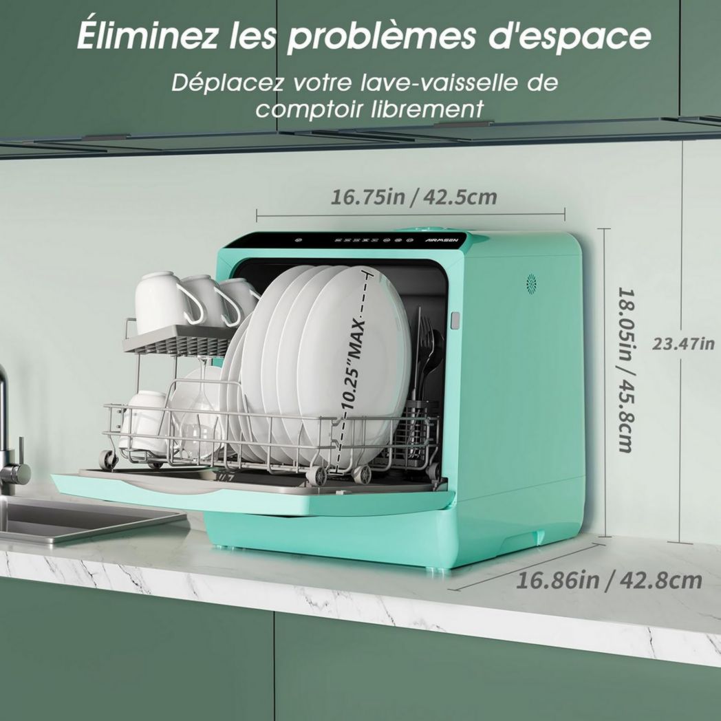 Mini lave-vaisselle de comptoir AIRMSEN, 5+1 programmes, réservoir d'eau de 5 L, commandes tactiles et écran LED, convient aux cuisines familiales, appartements et dortoirs, blanc et noir