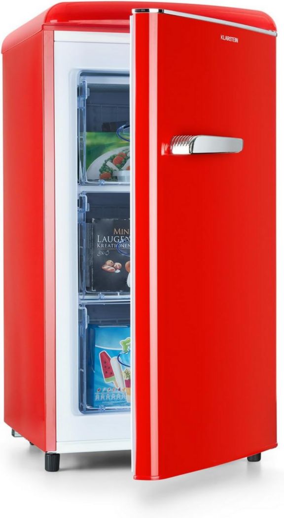 KLARSTEIN Laika - Congélateur, volume total 60 litres, thermostat 5 niveaux, 0 à -18°C, 3 clayettes, pose libre, design rétro - rouge