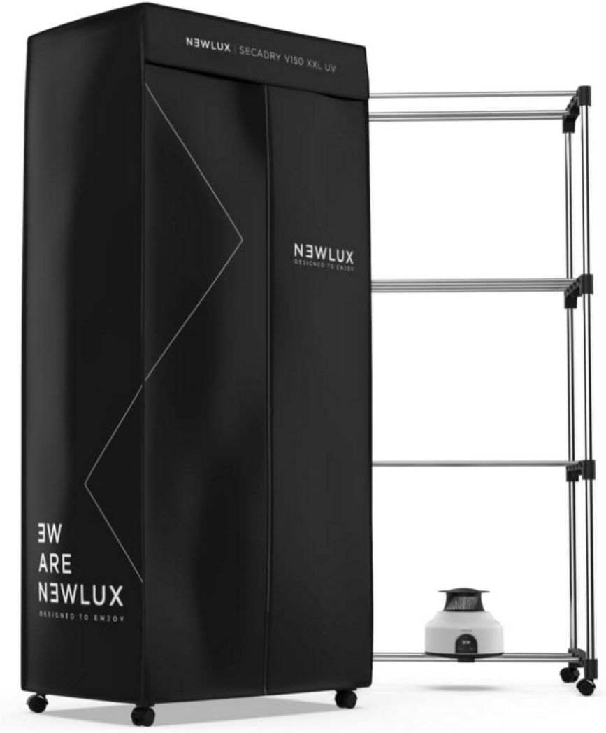 Newlux - Sèche-linge électrique portable Secadry noir avec lampe UV pour la désinfection, 15 kg, température 180 min, 4 niveaux, ventilateur (1200 W), sèche-linge 3 en 1, armoire, sèche-linge