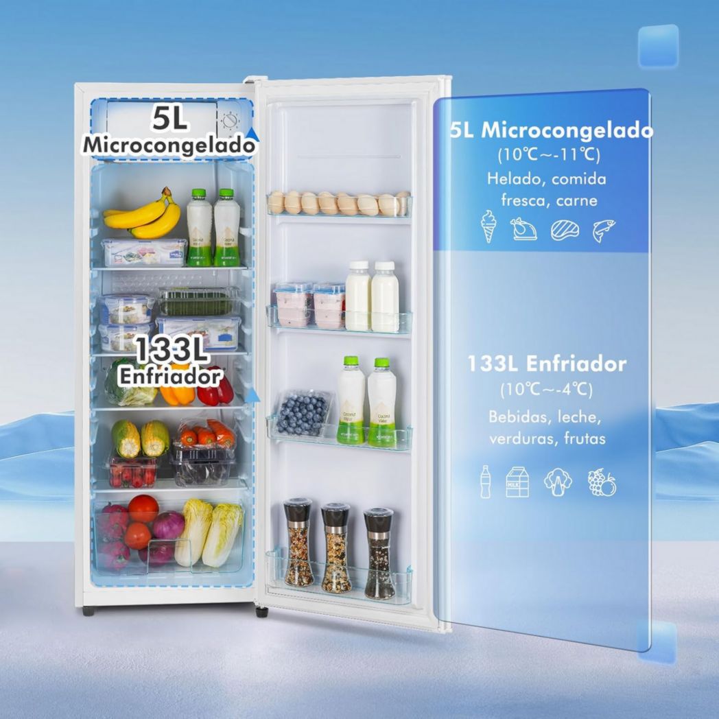 Réfrigérateur CURECURE avec micro-congélateur, 138 L, réfrigération 133 L, congélation 5 L, 4 clayettes en verre, bac à légumes, contrôle de la température, fonction refroidissement rapide