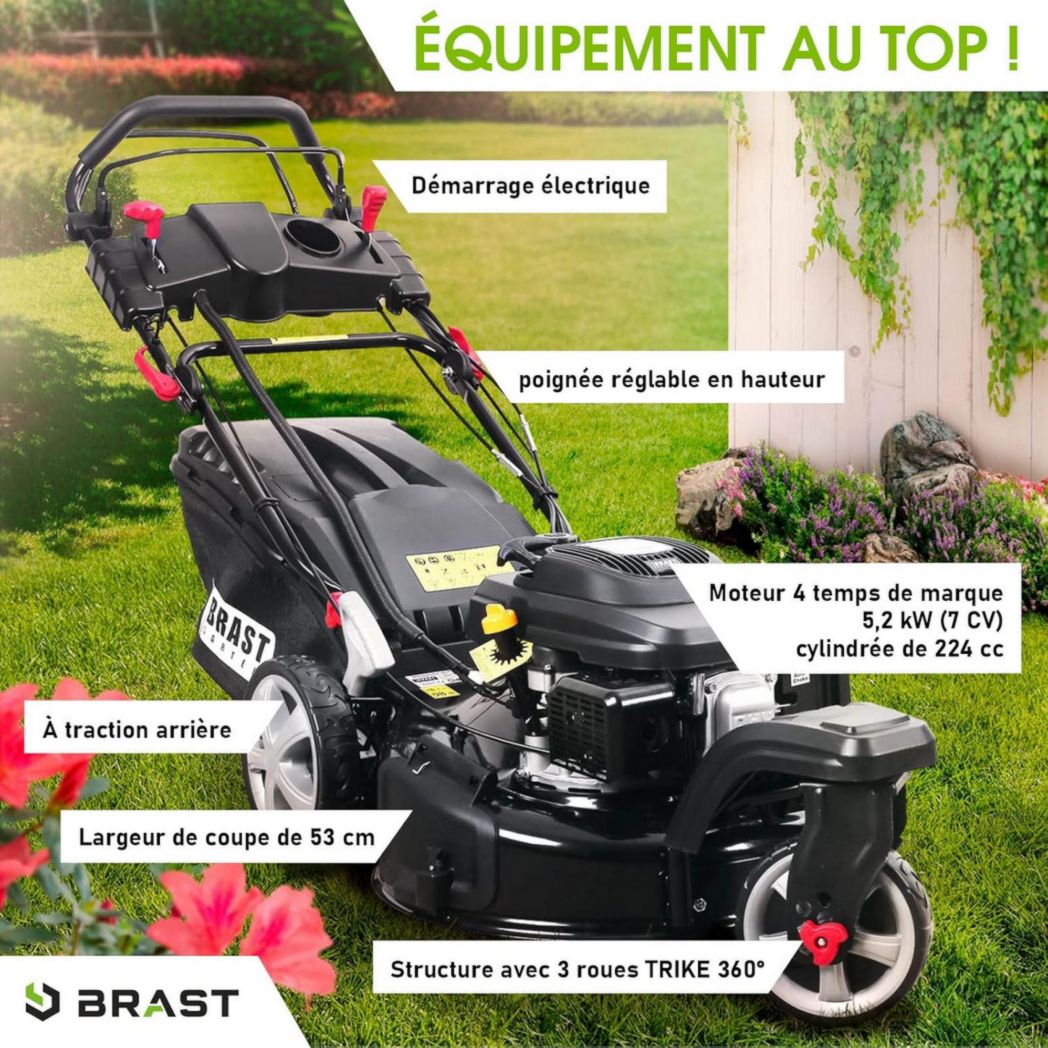 Tondeuse thermique 3 roues BRAST TRIKE E-START 224cc 53cm autotractée démarrage électrique mulching 4en1 capot tôle acier 60l - moteur 4 temps de la marque française GT réglable
