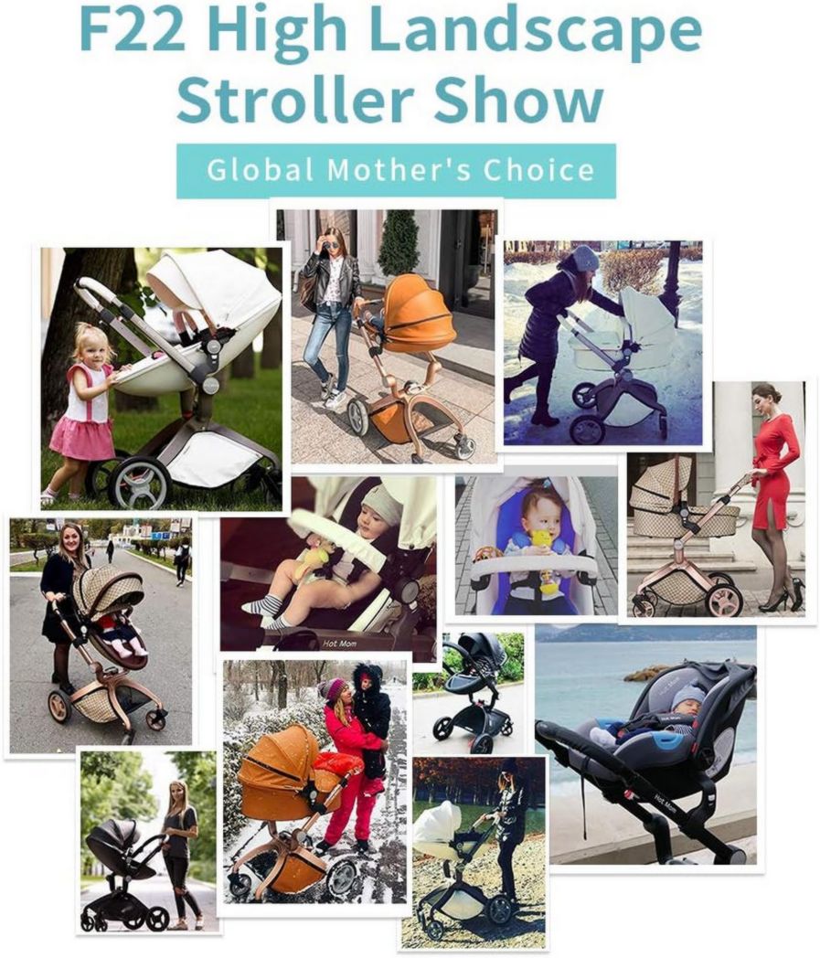 Poussette classique Hot Mom Combi 3 en 1, ensemble complet, cadre en aluminium, pneus en caoutchouc plein, protection contre la pluie et moustiquaire, modèle F22 (noir-3, avec siège auto)