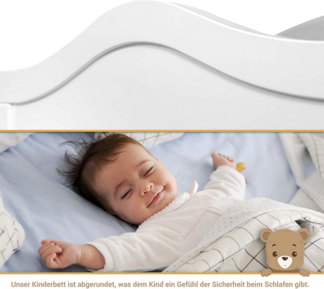 Lit bébé moto-MOLTICO 60x120 cm avec tiroir – Lit en bois réglable en hauteur, transformable en lit enfant avec barrières de sécurité – Lit bébé pour filles et garçons