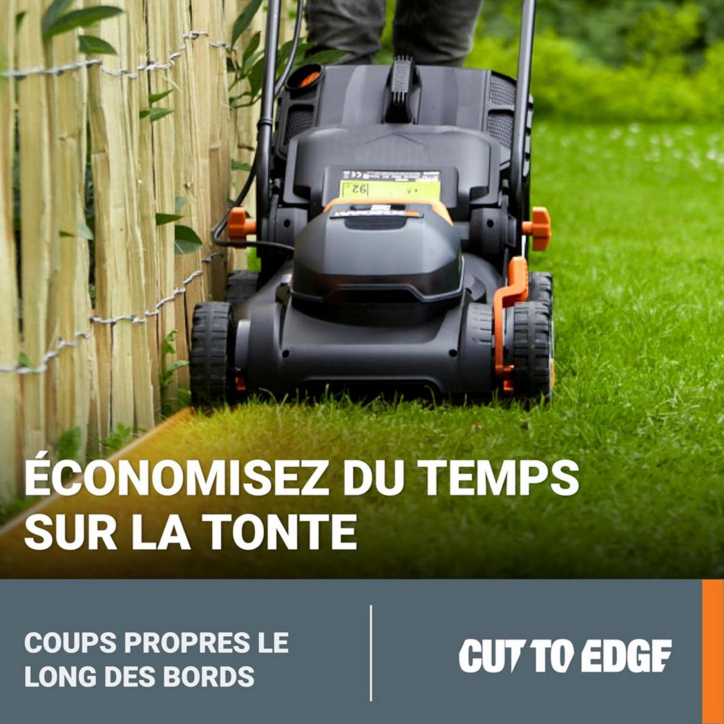 Tondeuse à gazon sans fil WORX 40 V (2 x 20 V) Max 40 cm WG734E Idéale pour un jardin jusqu'à 500 m², Powershare, 4 Ah, technologie IntelliCut Hauteur de coupe 20-80 mm