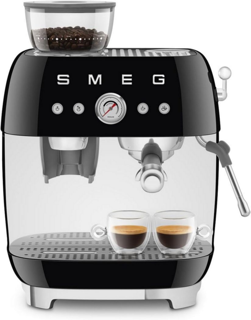 Machine à expresso manuelle Smeg EGF03CREU, avec moulin à grains intégré, thermoblock, 4 niveaux de température, buse vapeur et manomètre, réservoir 1 L, dimensions compactes, 1350 W, couleur crème