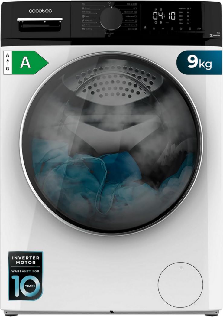 Lave-linge Cecotec 8 kg Bolero DressCode 8610 Inverter Steel A. Chargement frontal, 1400 tr/min, SteamMax, moteur Inverter Plus, 15 programmes, OnSmart, Stop&Go, DrumClean, revêtement antibactérien
