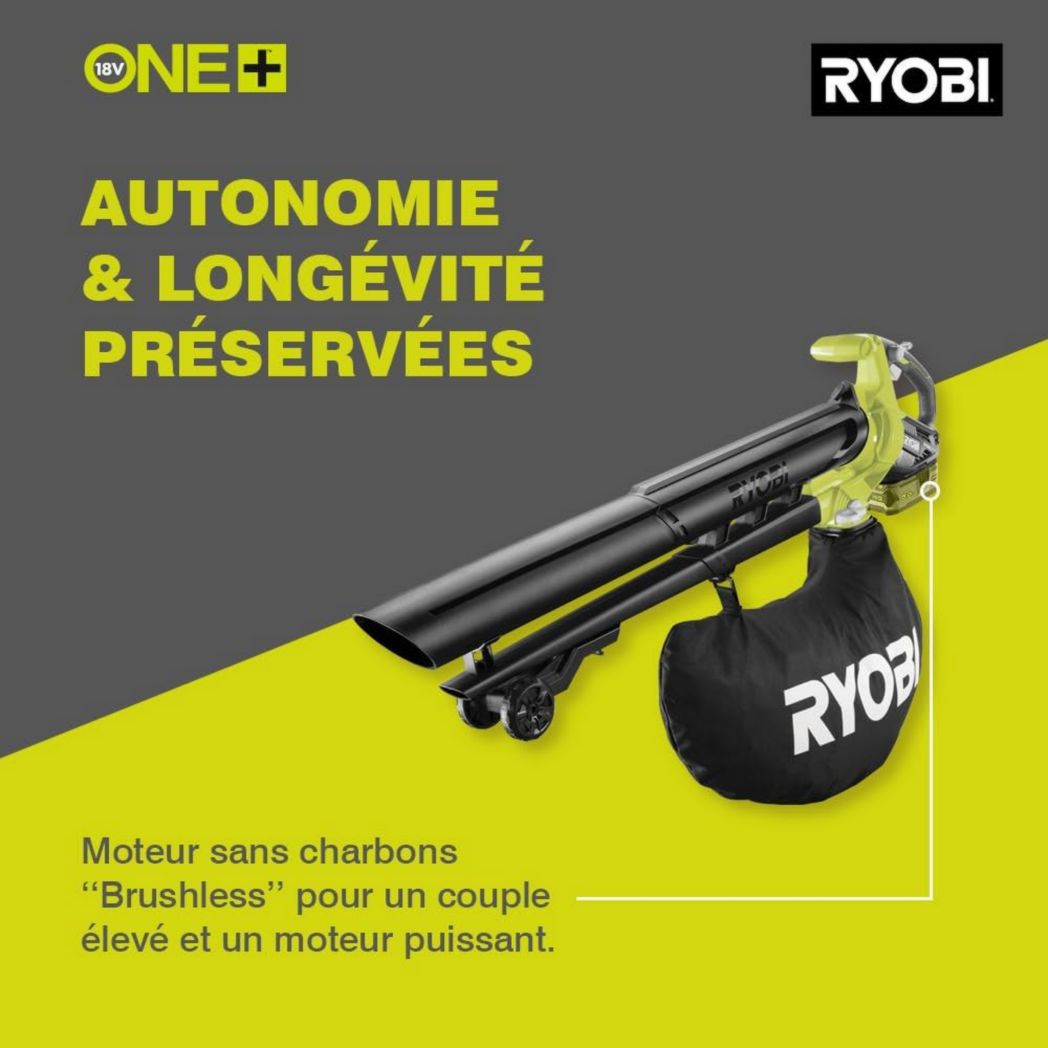 RYOBI - Souffleur aspirateur broyeur sans fil 18 volts ONE+, sans balais - 201 km/h (livré sans batterie) - OBV18