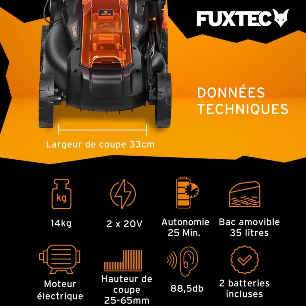 Tondeuse à gazon poussée FUXTEC FX-E1RM20 40 V (2 x 20 V) – Kit avec 2 batteries 2 Ah et chargeur double 2,4 A