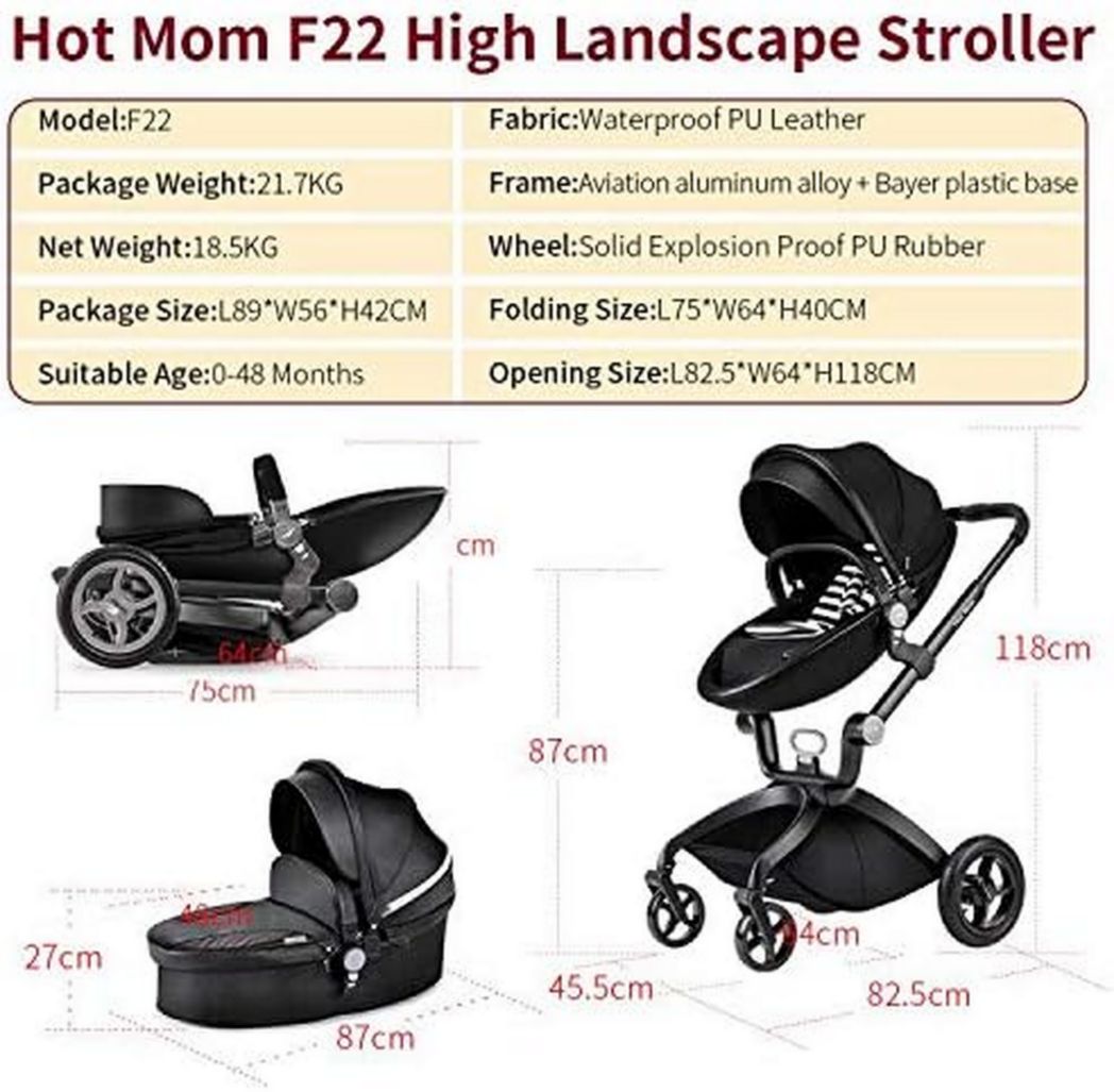 Poussette classique Hot Mom Combi 3 en 1, ensemble complet, cadre en aluminium, pneus en caoutchouc plein, protection contre la pluie et moustiquaire, modèle F22 (noir-3, avec siège auto)