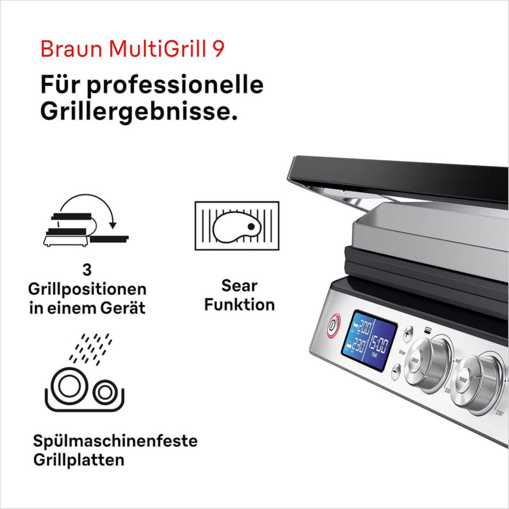 Braun MultiGrill 9 CG 9047, appareil à panini électrique avec plaques de cuisson, cuisson, gaufres, 2 thermostats indépendants, 3 positions de cuisson, plaques lavables au lave-vaisselle, 2 000 W, noir/acier inoxydable