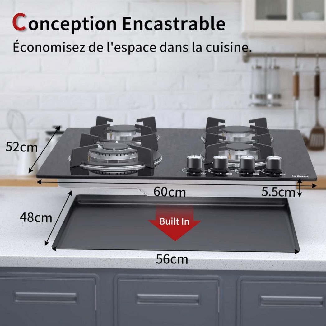 Plaque de cuisson à gaz 4 feux, plaque de cuisson 60 cm - Cuisinière encastrable - Gaz de ville et gaz en bouteille (4 feux - Verre)