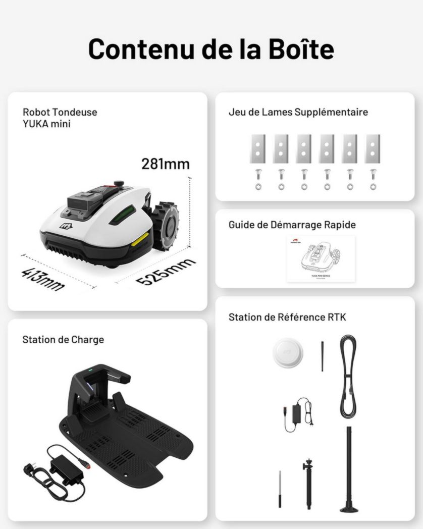 Tondeuse robot sans fil périphérique MAMMOTION YUKA Mini 500, NetRTK+Vision, aucune antenne RTK requise, surface recommandée : 500 m², max. 700 m², pente de 50 %, cartographie automatique, avec module 4G