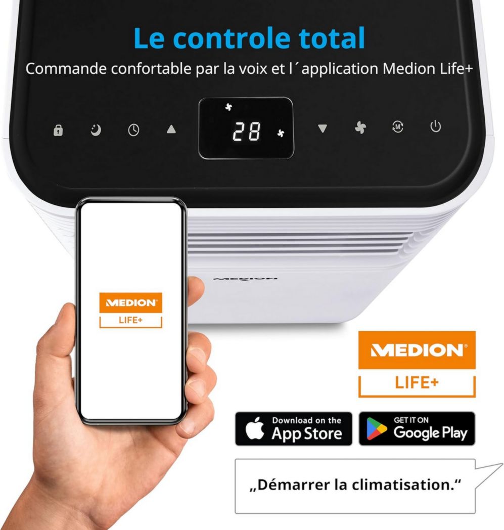 Climatiseur mobile intelligent MEDION P1002 (10 000 BTU, 3 en 1, refroidissement, déshumidification, ventilation, jusqu'à 34 m², kit de joint de fenêtre, mode veille, contrôle Wi-Fi, télécommande, écran, MD 37733)
