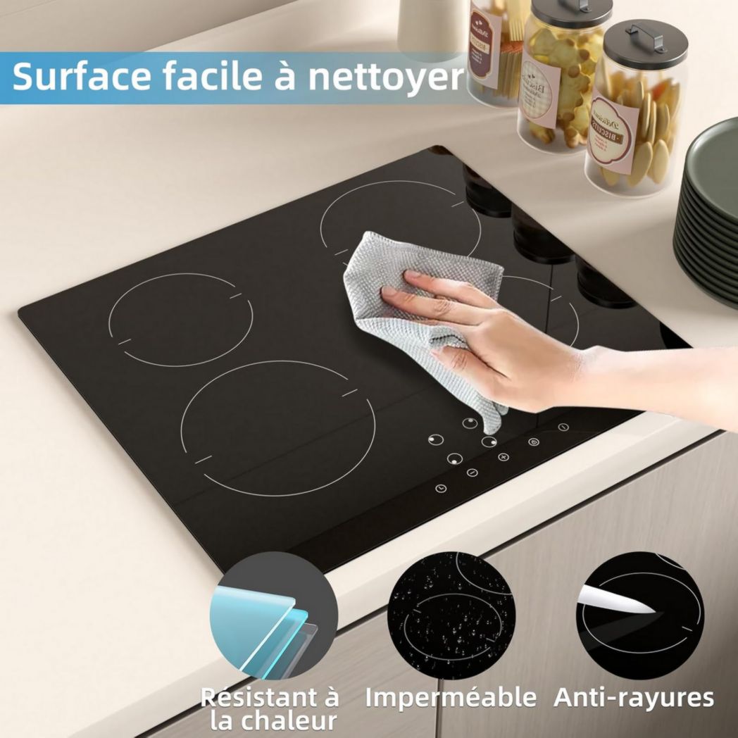 Plaque de cuisson vitrocéramique encastrable 4 feux, WEHIMO 6000W - 59cm - Minuterie, 9 niveaux de puissance, commande tactile, sécurité enfant...