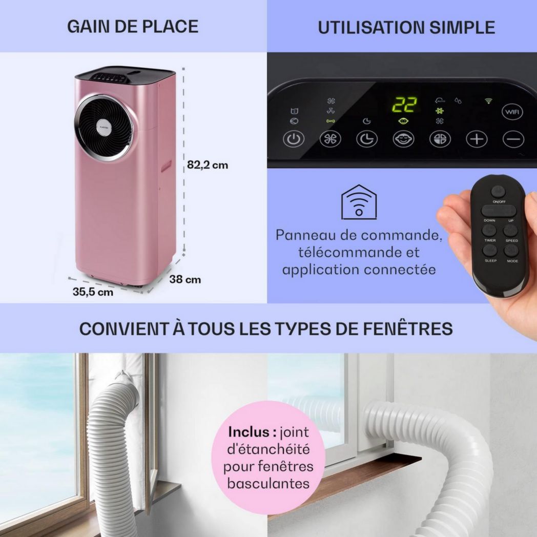 Climatiseur portable silencieux Klarstein, climatiseur portable 5 en 1, mini climatiseur, purificateur et éliminateur d'odeurs, mode nuit, déshumidificateur d'air, faible consommation, 10 000 BTU, climatiseurs