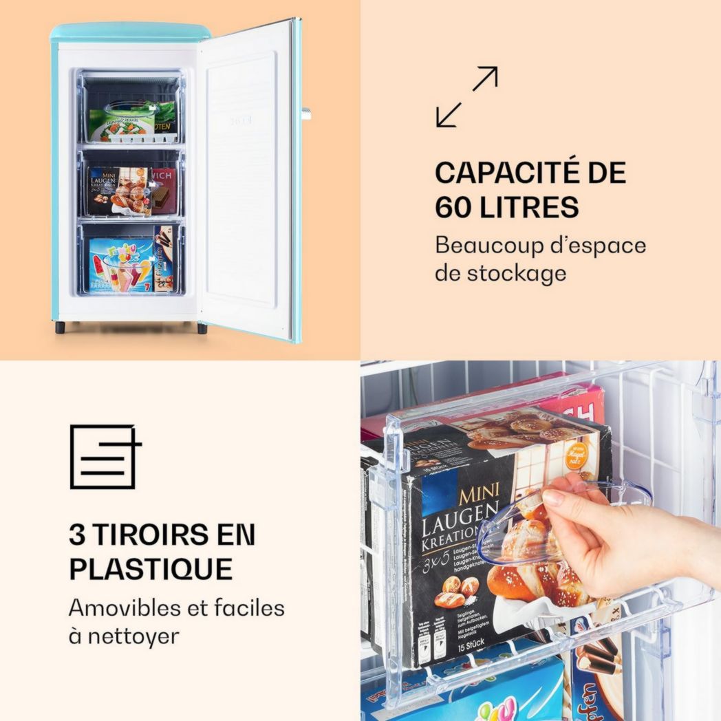 KLARSTEIN Laika - Congélateur, volume total 60 litres, thermostat 5 niveaux, 0 à -18°C, 3 clayettes, pose libre, design rétro - rouge